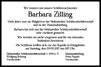 Traueranzeige von Barbara Zilling von Helmstedter Nachrichten