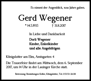 Traueranzeige von Gerd Wegener von Helmstedter Nachrichten