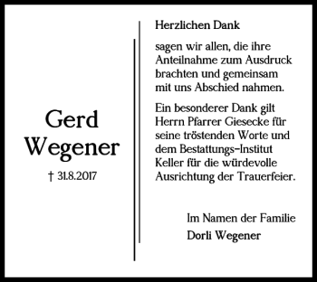 Traueranzeige von Gerd Wegener von Helmstedter Nachrichten