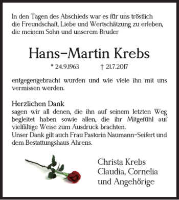 Traueranzeige von Hans-Martin Krebs von Wolfenbütteler Zeitung