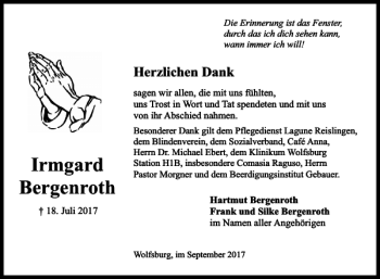 Traueranzeige von Irmgard Bergenroth von Wolfsburger Nachrichten