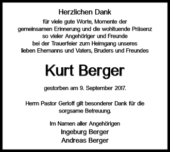 Traueranzeige von Kurt Berger von Braunschweiger Zeitung