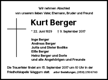 Traueranzeige von Kurt Berger von Braunschweiger Zeitung