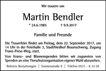 Traueranzeige von Martin Bendler von Braunschweiger Zeitung