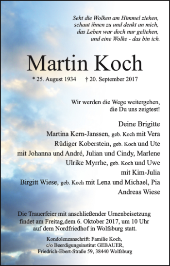 Traueranzeige von Martin Koch von Wolfsburger Nachrichten