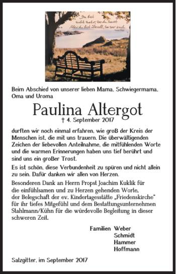 Traueranzeige von Paulina Altergot von Salzgitter Zeitung