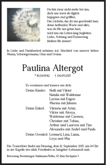 Traueranzeige von Paulina Altergot von Salzgitter Zeitung