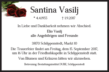 Traueranzeige von Santina Vasilj von Wolfenbütteler Zeitung