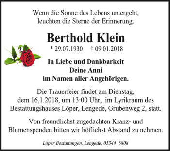 Traueranzeige von Berthold Klein von Peiner Nachrichten