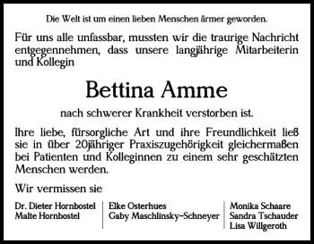 Traueranzeige von Bettina Amme von Braunschweiger Zeitung