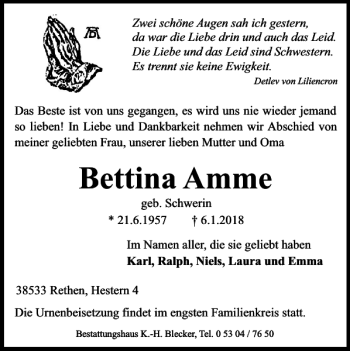 Traueranzeige von Bettina Amme von Braunschweiger Zeitung