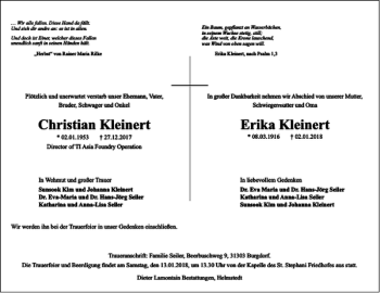 Traueranzeige von Christian Kleinert Erika Kleinert von Helmstedter Nachrichten