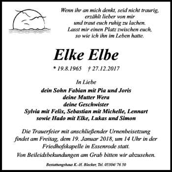 Traueranzeige von Elke Elbe von Helmstedter Nachrichten