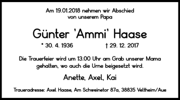 Traueranzeige von Günter Ammi Haase von Wolfenbütteler Zeitung