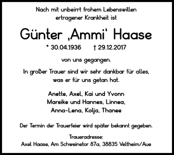 Traueranzeige von Günter Ammi Haase von Wolfenbütteler Zeitung