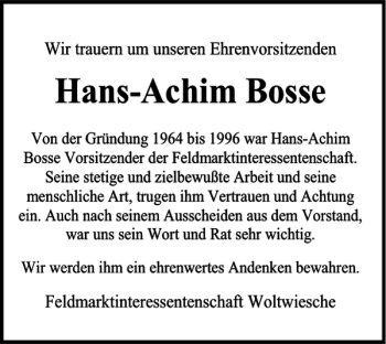 Traueranzeige von Hans-Achim Bosse von Peiner Nachrichten