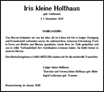 Traueranzeige von Iris kleine Holthaus von Braunschweiger Zeitung