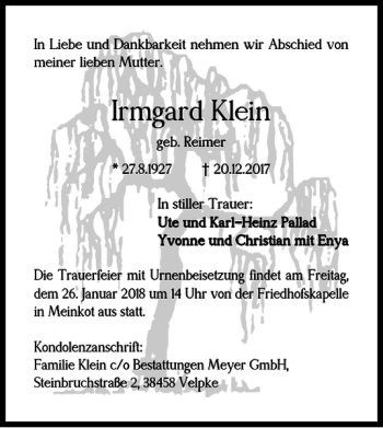 Traueranzeige von Irmgard Klein von Helmstedter Nachrichten