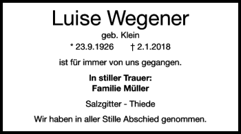 Traueranzeige von Luise Wegener von Salzgitter Zeitung