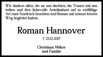 Traueranzeige von Roman Hannover von Braunschweiger Zeitung