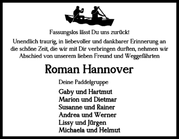 Traueranzeige von Roman Hannover von Braunschweiger Zeitung