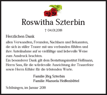 Traueranzeige von Roswitha Szterbin von Helmstedter Nachrichten