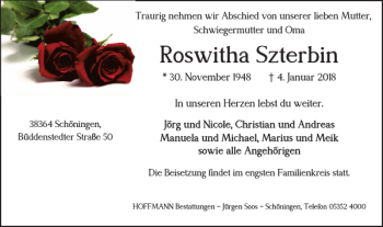 Traueranzeige von Roswitha Szterbin von Helmstedter Nachrichten