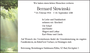 Traueranzeige von Bernard Slowinski von Salzgitter Zeitung