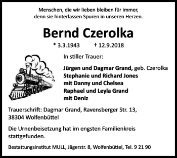 Traueranzeige von Bernd Czerolka von Wolfenbütteler Zeitung