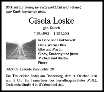 Traueranzeige von Gisela Loske von Braunschweiger Zeitung