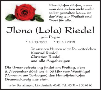 Traueranzeige von Ilona Lola Riedel von Braunschweiger Zeitung