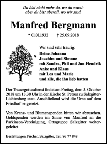 Traueranzeige von Manfred Bergmann von Salzgitter Zeitung