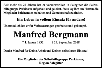 Traueranzeige von Manfred Bergmann von Salzgitter Zeitung