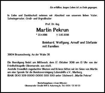 Traueranzeige von Martin Pekrun von Braunschweiger Zeitung