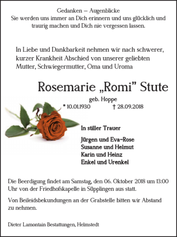 Traueranzeige von Rosemarie Romi Stute von Helmstedter Nachrichten