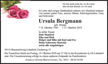 Traueranzeige von Ursula Bergmann von Braunschweiger Zeitung