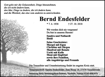 Traueranzeige von Bernd Endesfelder von Wolfsburger Nachrichten