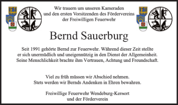 Traueranzeige von Bernd Sauerburg von Peiner Nachrichten