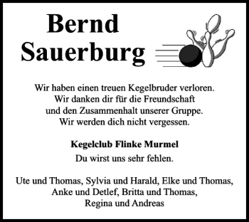 Traueranzeige von Bernd Sauerburg von Peiner Nachrichten