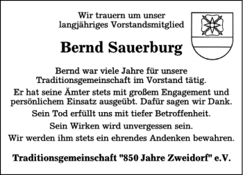 Traueranzeige von Bernd Sauerburg von Peiner Nachrichten