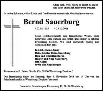 Traueranzeige von Bernd Sauerburg von Braunschweiger Zeitung