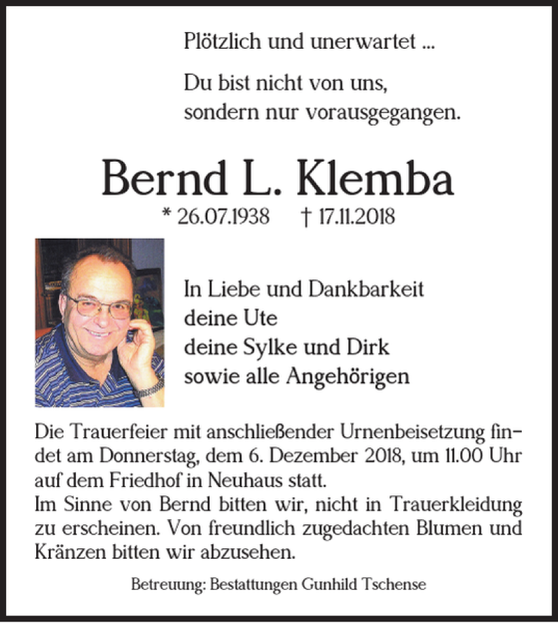  Traueranzeige für Bernd L. Klemba vom 30.11.2018 aus Wolfsburger Nachrichten