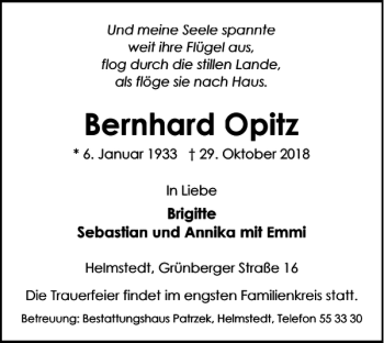 Traueranzeige von Bernhard Opitz von Helmstedter Nachrichten