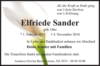 Traueranzeige von Elfriede Sander von Braunschweiger Zeitung