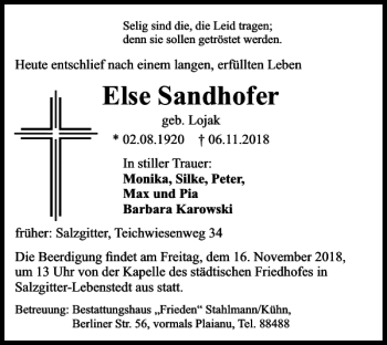 Traueranzeige von Else Sandhofer von Salzgitter Zeitung