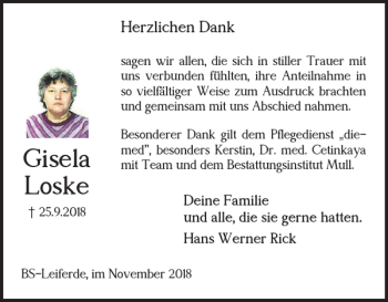 Traueranzeige von Gisela Loske von Braunschweiger Zeitung