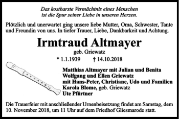 Traueranzeige von Irmtraud Altmayer von Braunschweiger Zeitung