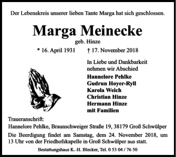 Traueranzeige von Marga Meinecke von Braunschweiger Zeitung