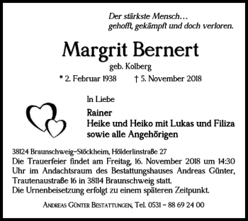 Traueranzeige von Margrit Bernert von Braunschweiger Zeitung