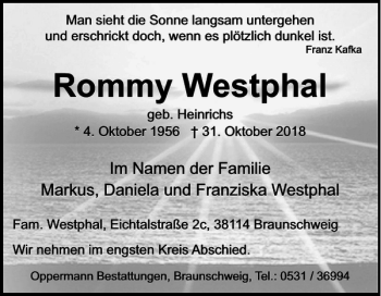 Traueranzeige von Rommy Westphal von Braunschweiger Zeitung